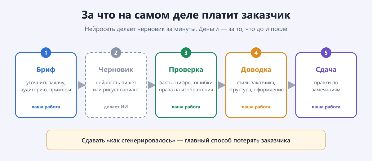 схема работы с нейросетью на заказ: бриф, черновик, проверка, доводка, сдача