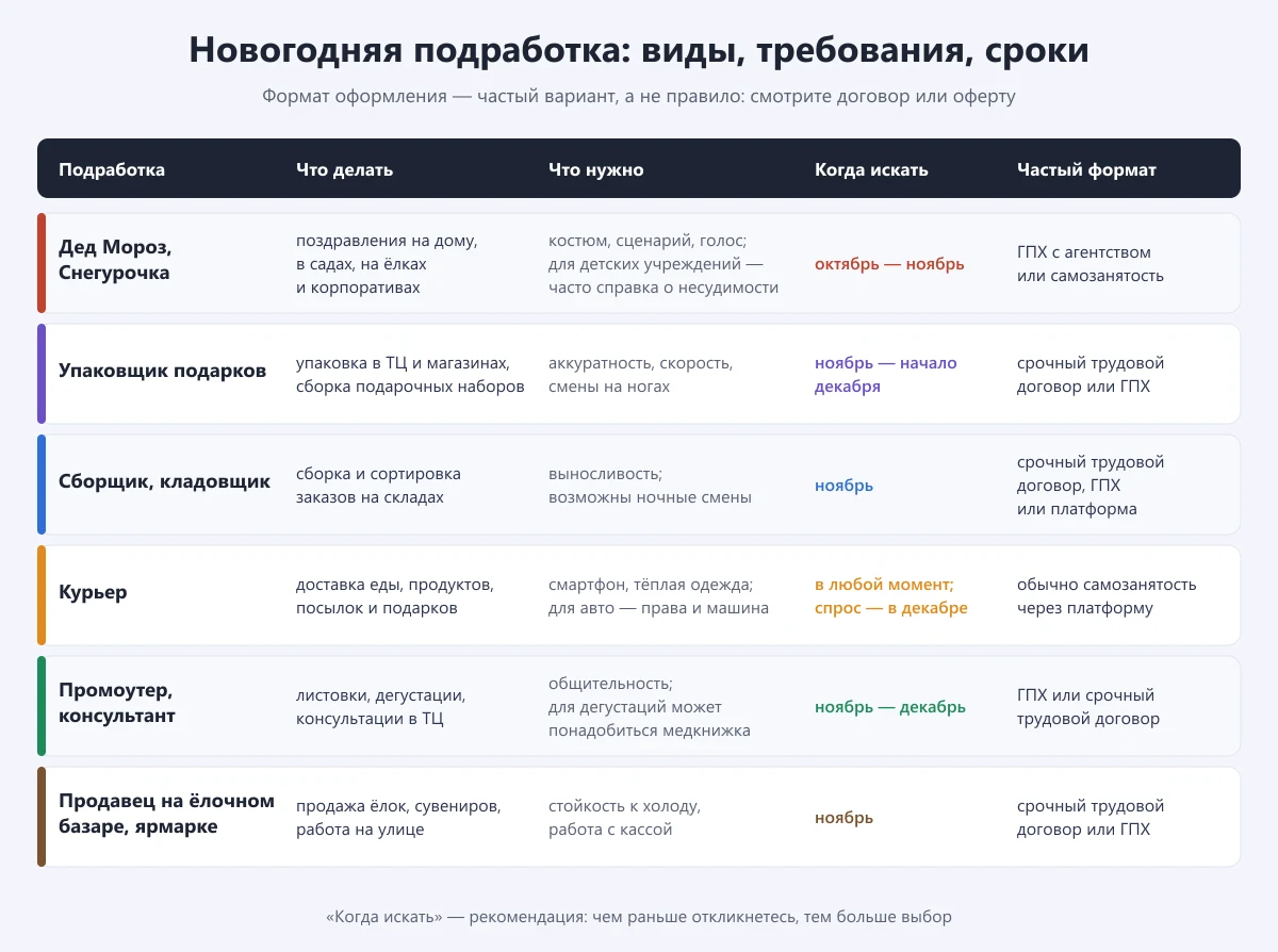 таблица: виды новогодней подработки, что нужно, когда искать и как обычно оформляют